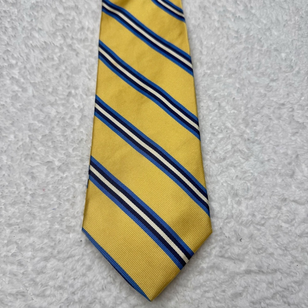 Brooks Brothers 346 Tie Mens Yellow w/ Blue White Striped Pure Silk‎ Made in USA